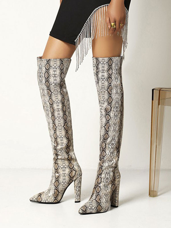Women's Snakeskin Chunky Heel Over the Knee Boots
					#10720965900 | Milanoo