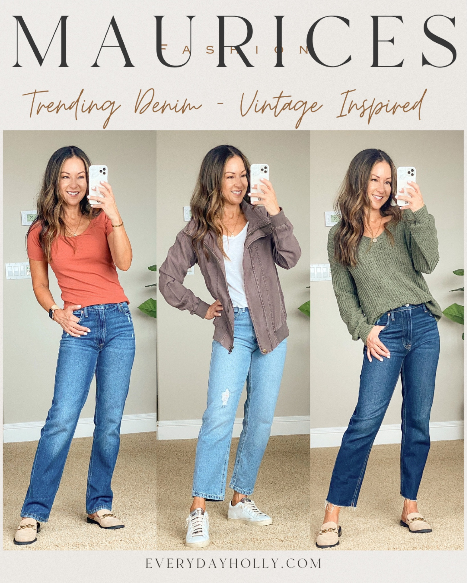 Save 30% on denim & 25% off graphics, plaids & sweatshirts + free shipping over $50 at maurice’s! “Goldie Blues” from @maurices - Vintage feel - 99% cotton, 1% spandex! 
They come in Reg & plus sizes in short, reg, long lengths sizes 0-24! 

I paired these amazing jeans with tops, a sweater & cute lightweight twill bomber jacket!
For reference: I’m 5’1”, 110lbs
Outfit 1:
High-rise ankle Jeans - 0 short
White V-neck tee - XS
Twill Bomber Jacket - XS
Outfit 2:
Mid-Rise Straight Jeans - 0 Short
Scoop neck tee - XS
Outfit 3:
High Rise ankle jean - 0 short
V—neck sweater  XS
#ltkdenim #LTKjeans 

#LTKsalealert #LTKover40 #LTKunder50