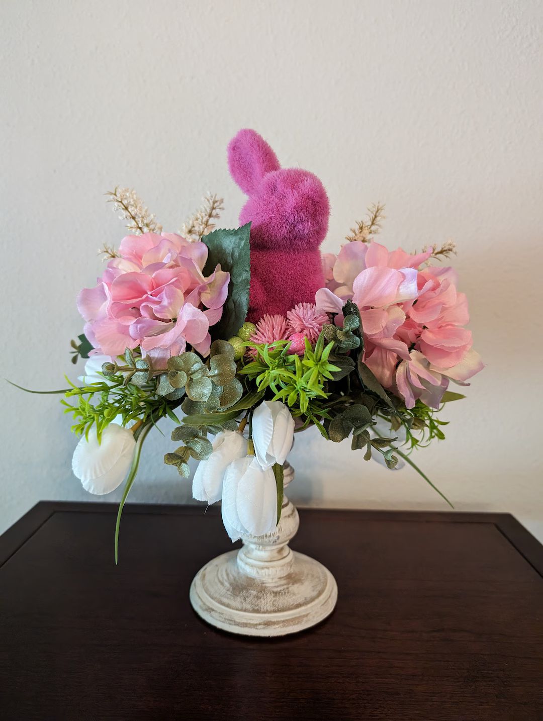 Pink Flocked Bunny Easter Candlestick Centerpiece With Pink Hydraneas, White Tulips and Lush Gree... | Etsy (US)
