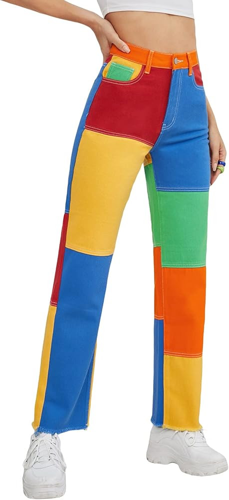 WDIRARA Women's Color Block Raw Hem High Waisted Jeans Straight Leg Denim Pants | Amazon (US)