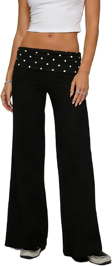 Fold Over Yoga Pants for Women Polka Dot Low Waist Wide Leg Flare Leggings Y2k Lounge Sweatpants | Amazon (US)