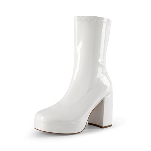 DREAM PAIRS Women's Mid Calf Gogo Platform Boots,White-Pat,10 | Amazon (US)