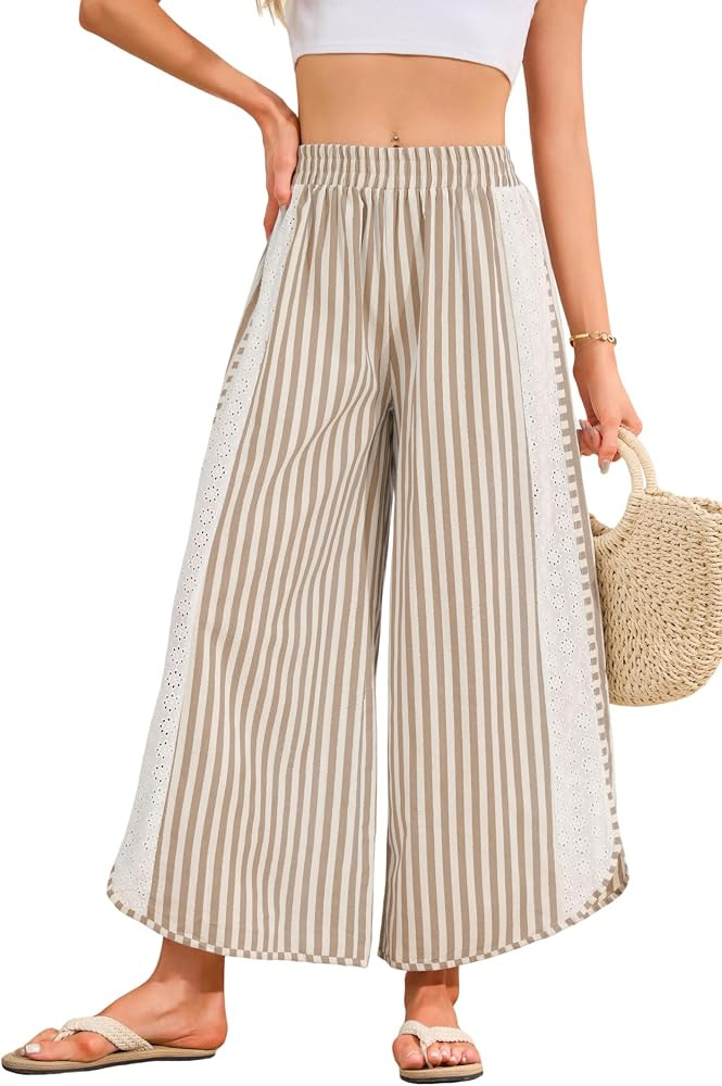 Women Striped Lace Wide Leg Pants Summer Casual Elastic Waist Baggy Pants Beach Boho Loose Lounge... | Amazon (US)
