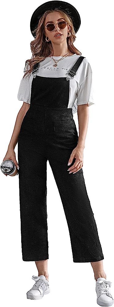 SheIn Women's Pocket Front Corduroy Cropped Pants Overalls Pinafore Jumpsuit | Amazon (US)