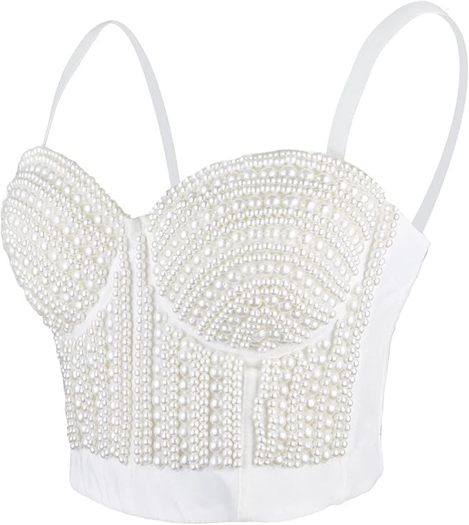 ELLACCI Woment's Pearls Beaded Bustier Crop Top Club Party Sexy Corset Top Bra White | Amazon (US)