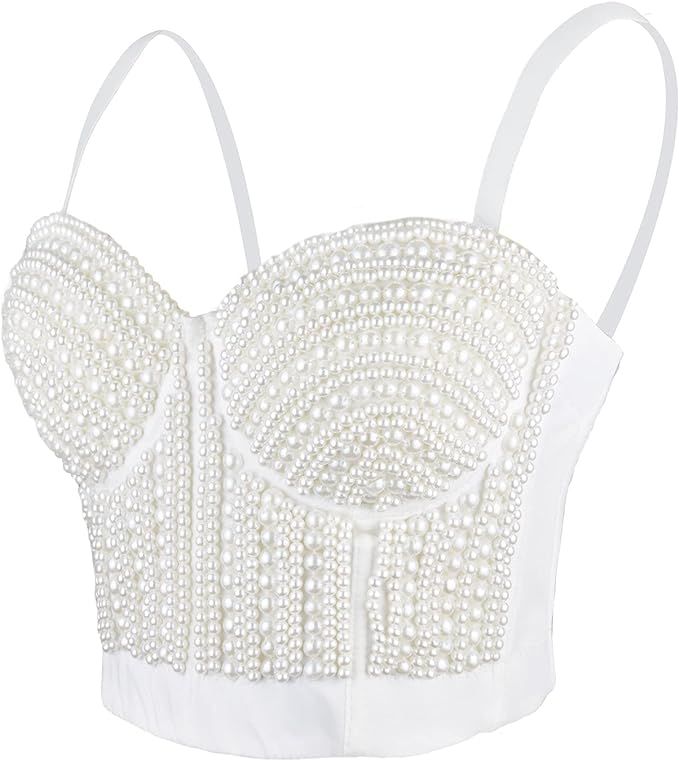 ELLACCI Woment's Pearls Beaded Bustier Crop Top Club Party Sexy Corset Top Bra White | Amazon (US)