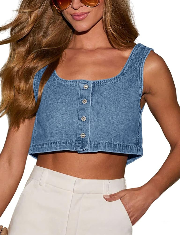 Limerose Women's Reversible Denim Tank Top Button Front Crop Sleeveless Cami | Amazon (US)