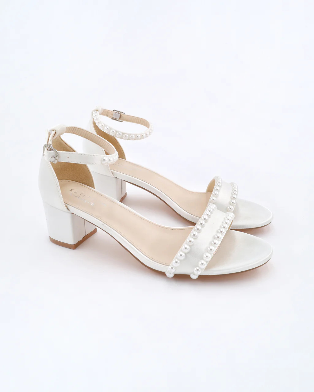 Satin Block Heel Sandals with Pearls | Kailee P.