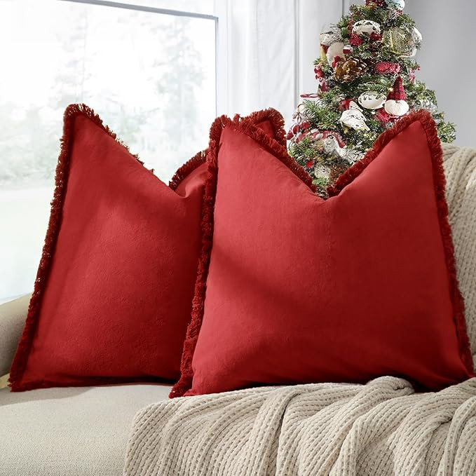 ZWJD Christmas Pillow Covers - 18x18 Set of 2 Throw Pillows with Fringe, Chic Cotton Decorative S... | Amazon (US)