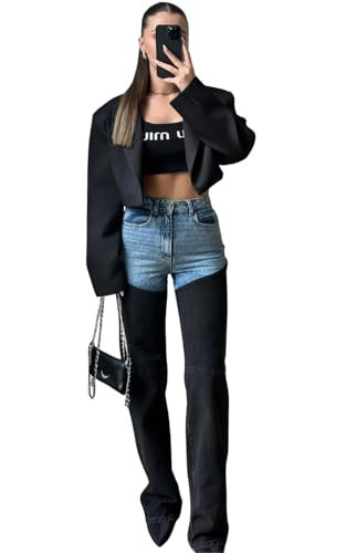 PIRAL Women's Bicolor Chap Jeans – 100% Cotton, High-Rise Straight Fit, Two-Toned Denim (US, Alpha, Small, Regular, Regular, Black-Blue) | Amazon (US)