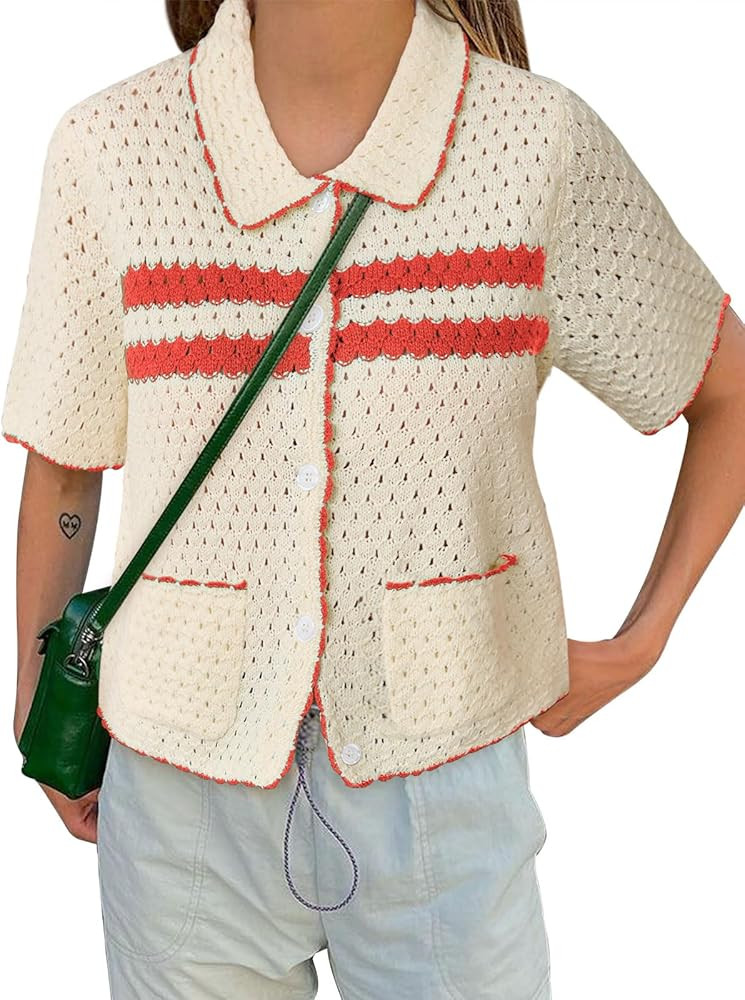 Yousify Womens Striped Short Sleeve Sweater Casual Knitted Button Down Crochet Cardigan Vintage Y... | Amazon (US)
