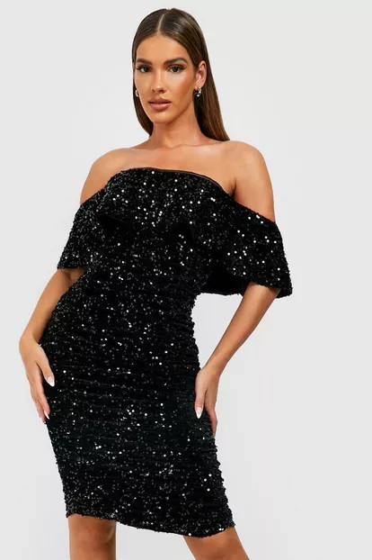 Sequin Off The Shoulder Midi Party Dress | Boohoo.com (US & CA)