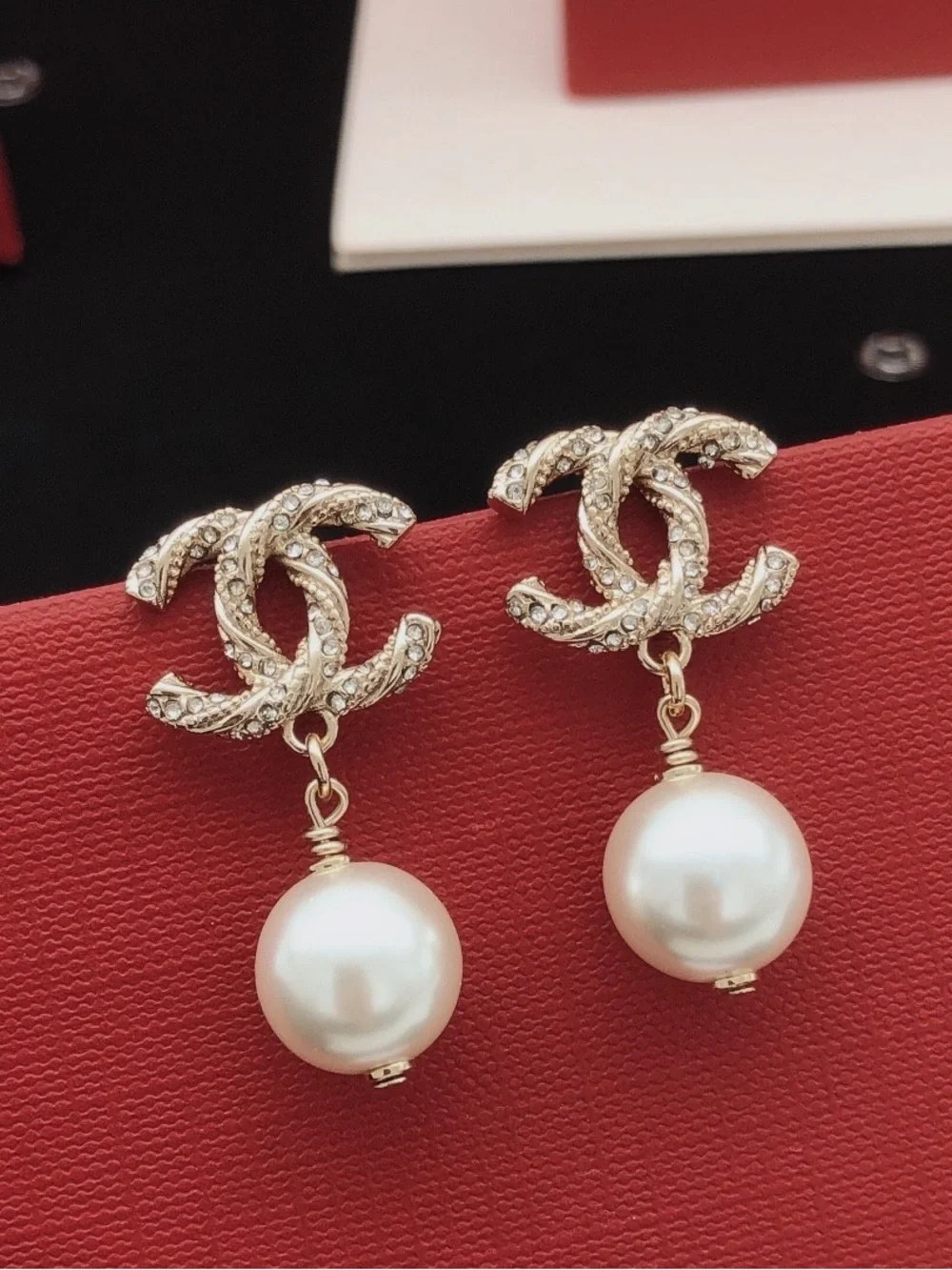 CHANEL Gold Crystal CC Logo Earrings with White Pearl Drops | Poshmark