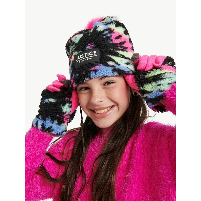 Justice Girls Sherpa Beanie Hat with Pom and Gloves 2-Piece Set | Walmart (US)
