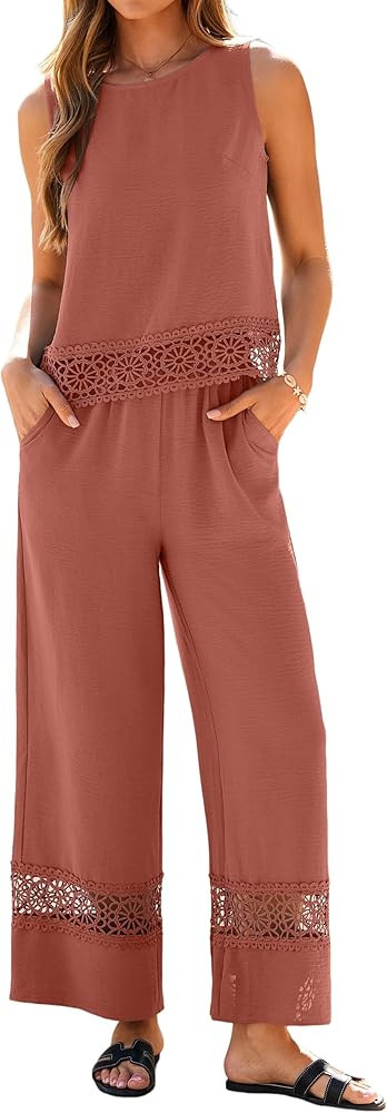 Glamaker Summer Pants Sets Womens 2 Piece Outfits Sleeveless Crop Top Round Neck Lace Wide Leg Be... | Amazon (US)