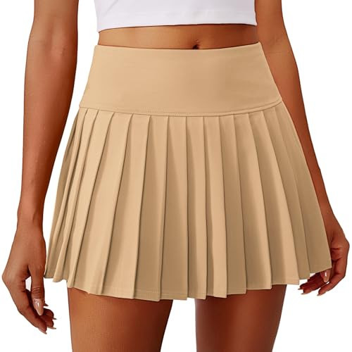 PINSPARK Golf Skirts for Women Pleated Tennis Skirt with Pocket Stretchy Cheer Skirt with Shorts Underneath, Khaki L | Amazon (US)
