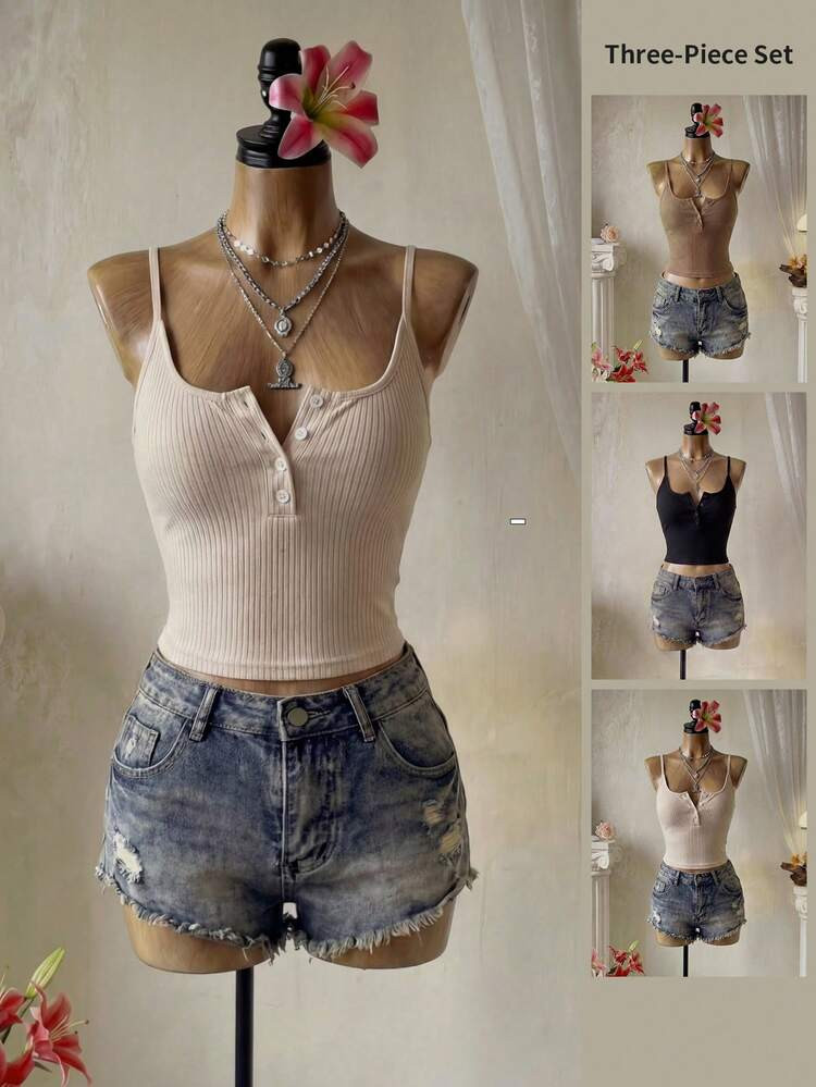 Femesol 3pcs Button Half Placket Slim Fit Tank Tops With Straps | SHEIN