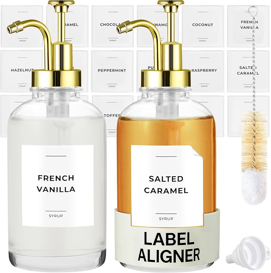 Coffee Syrup Dispenser with Pump - Includes 24 Flavor Labels - Glass Syrup Dispenser for Coffee B... | Amazon (US)