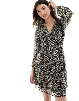 Only v neck tie waist mini smock dress in leopard | ASOS (Global)