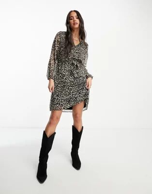 Only v neck tie waist mini smock dress in leopard | ASOS (Global)