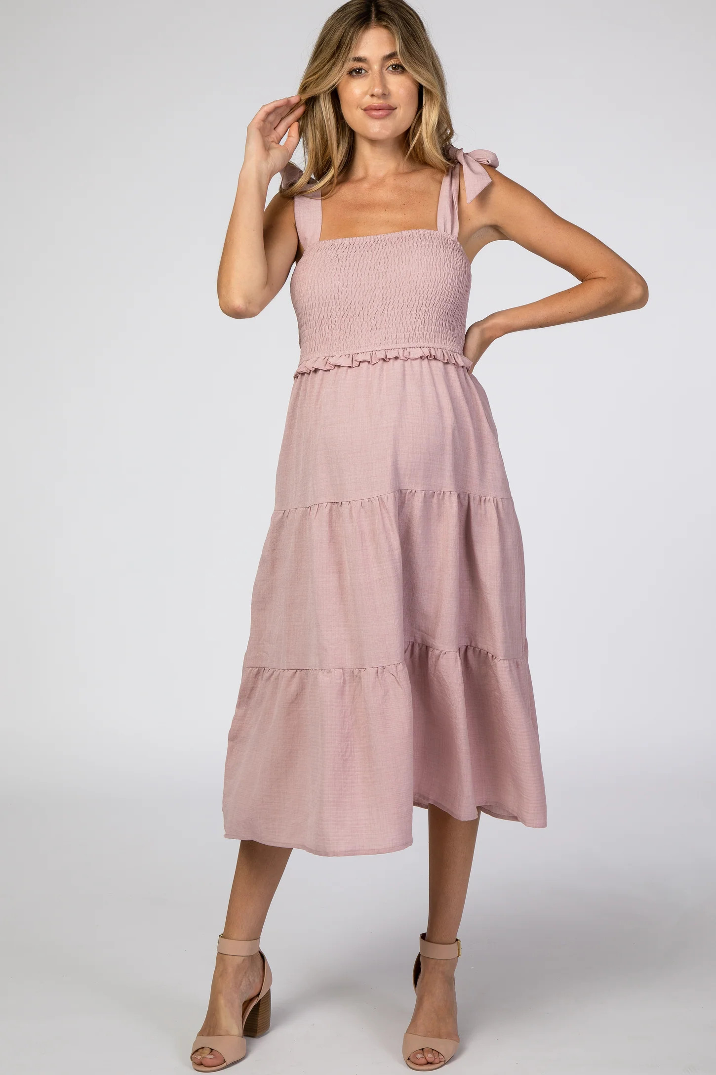 Rust Bow Strap Tiered Maternity Midi Dress | PinkBlush Maternity