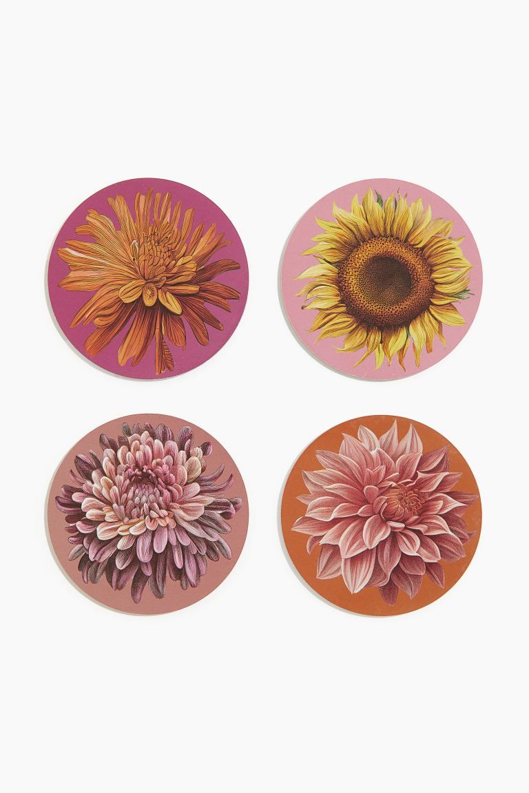 4-pack Graphic-print Coasters - Dark pink/flowers - Home All | H&M US | H&M (US + CA)