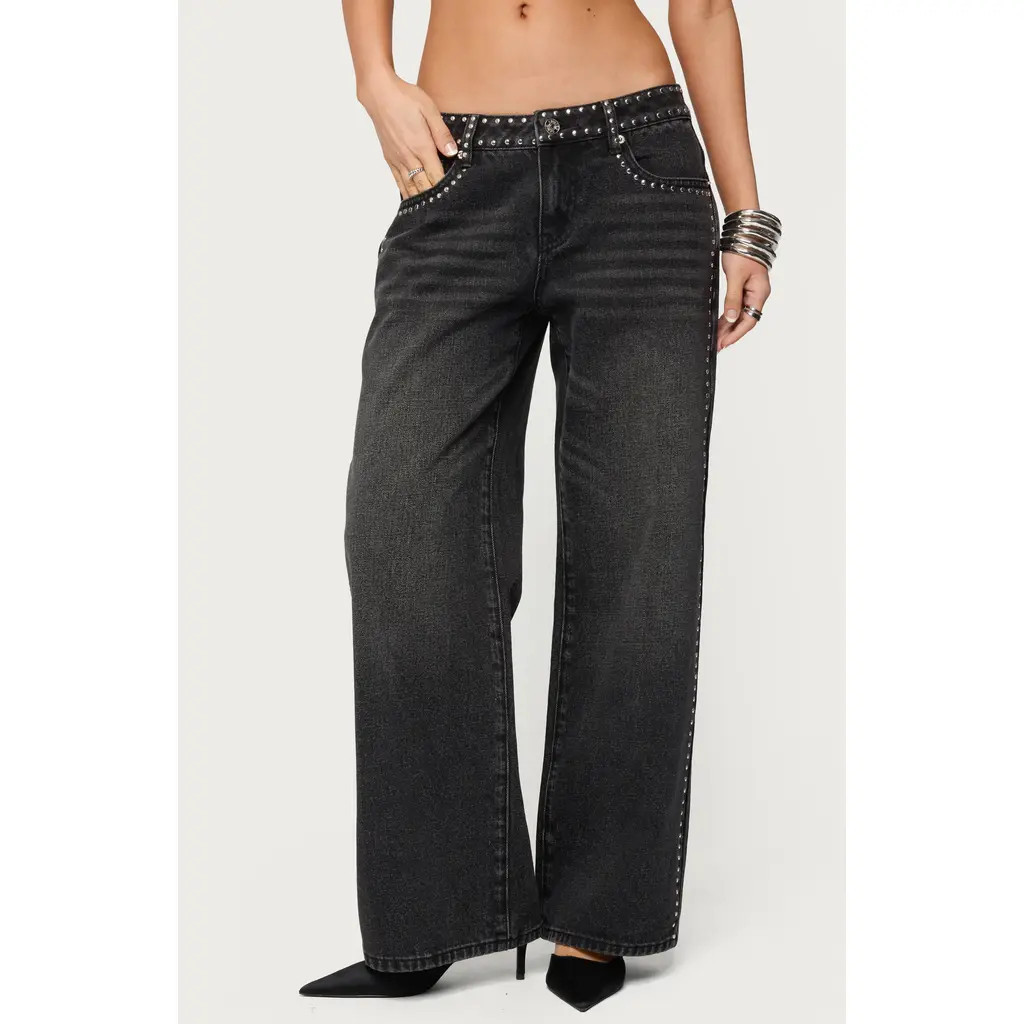 EDIKTED Quincy Studded Low Rise Wide Leg Jeans in Black-Washed at Nordstrom, Size Small | Nordstrom