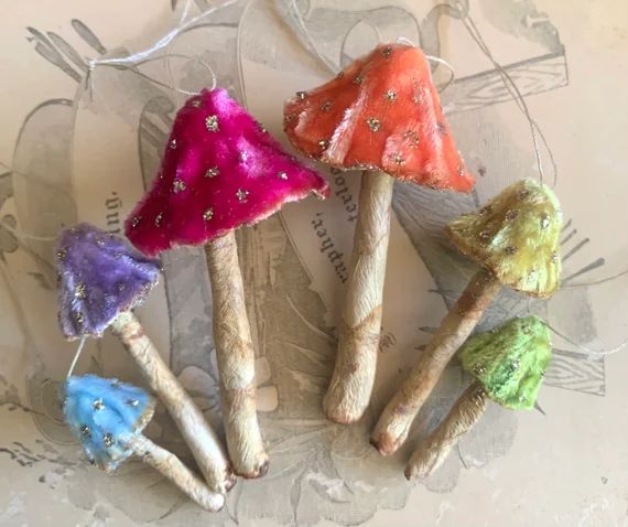 Silk Velvet Mushroom Rainbow - Set of 6 Woodland Velvet Toadstool Decorations - Made to Order Han... | Etsy (US)