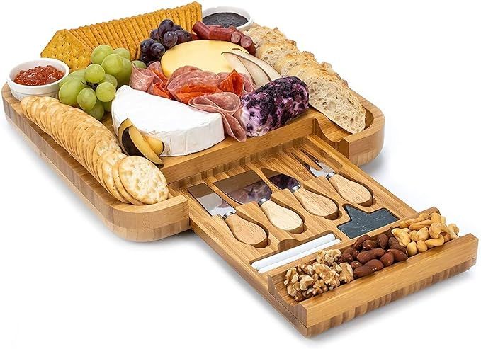 Bamboo Cheese Board & Cutlery Set - Large Charcuterie Board Set Cheese Platter with Slide-Out Dra... | Amazon (US)