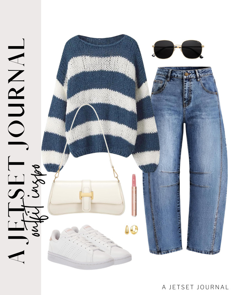 This blue-and-white knit sweater looks great with barrel jeans. I also love these white sneakers and a chic white shoulder bag from KKXIU. 

 #LTKSeasonal #LTKSaleAlert #LTKTravel