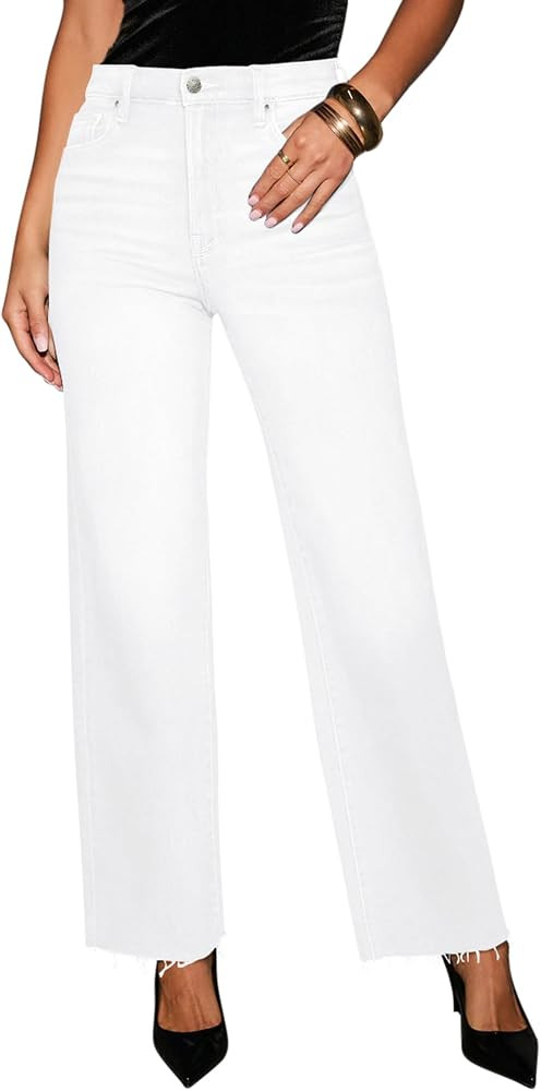 Straight Leg Jeans for Women Trendy High Waisted Cropped Boyfriend Mom Stretchy Frayed Hem Loose ... | Amazon (US)