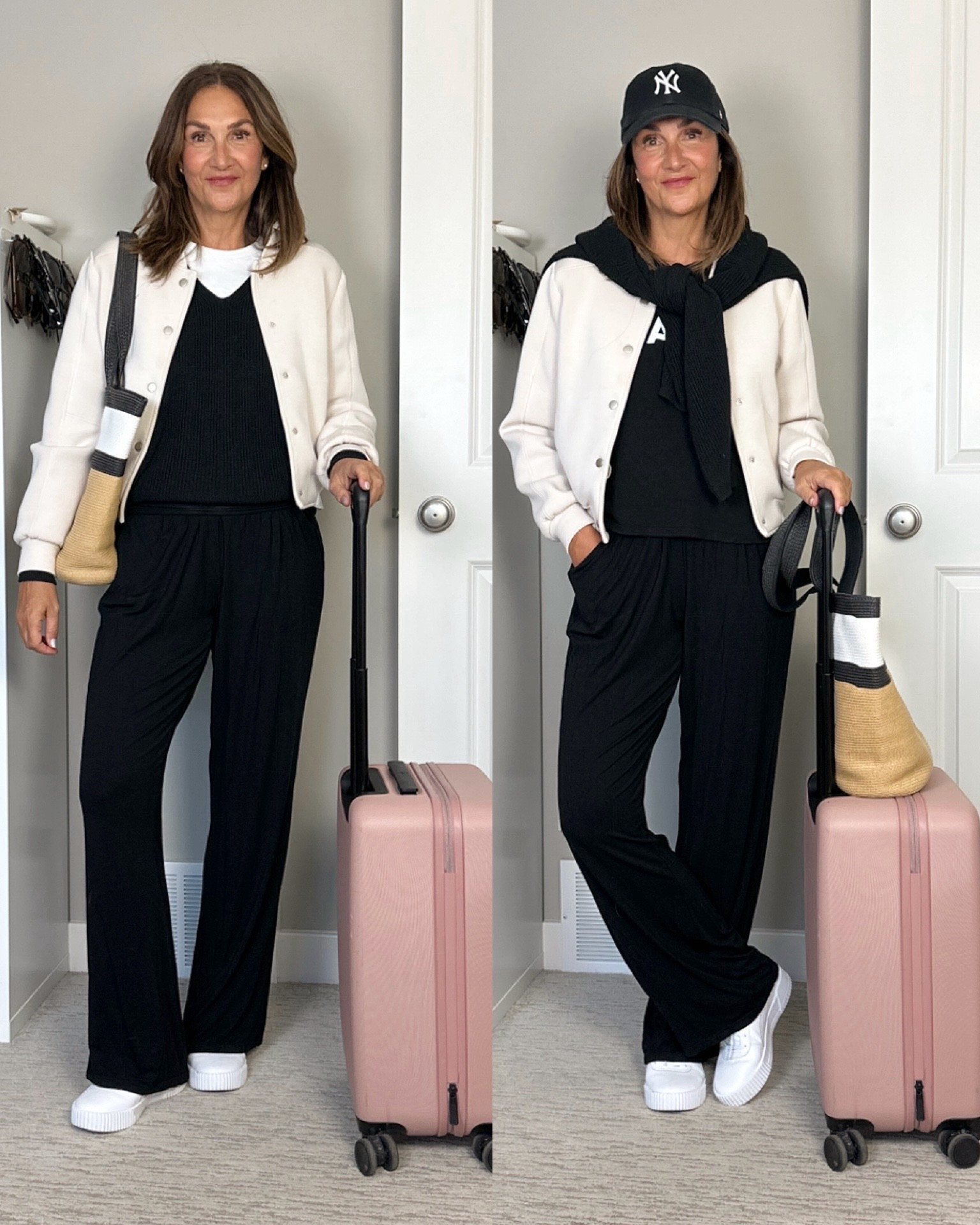 Travel day outfits!
I usually travel in the same pants, sweater and jacket there and back but keep one tee aside so I have a clean one for the trip home. 
And a ball cap is perfect for hiding dirty hair!
I’m 5’ 7” wearing my usual size small in everything. Sneakers also fit tts.
My sweater is from Gentle Fawn so I can’t link it, bag is from Bikini Village but I linked similar



#LTKTravel #LTKootd #LTKSeasonal