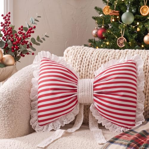 Thyle Christmas Bow Pillow Red White Stripes with Lace Ruffle Trim | Amazon (US)