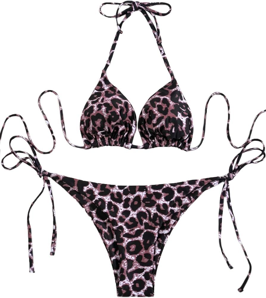 Romwe Women's Triangle Halter Bikini Swimsuit Tie Side String Bathing Suit | Amazon (US)