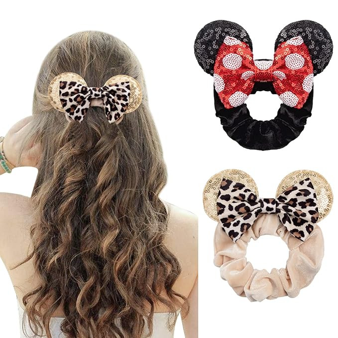 DRESHOW Sparkle Sequins Mouse Ears Headbands Bow Velvet Scrunchies Elastic Hair Tie Ponytail Hold... | Amazon (US)