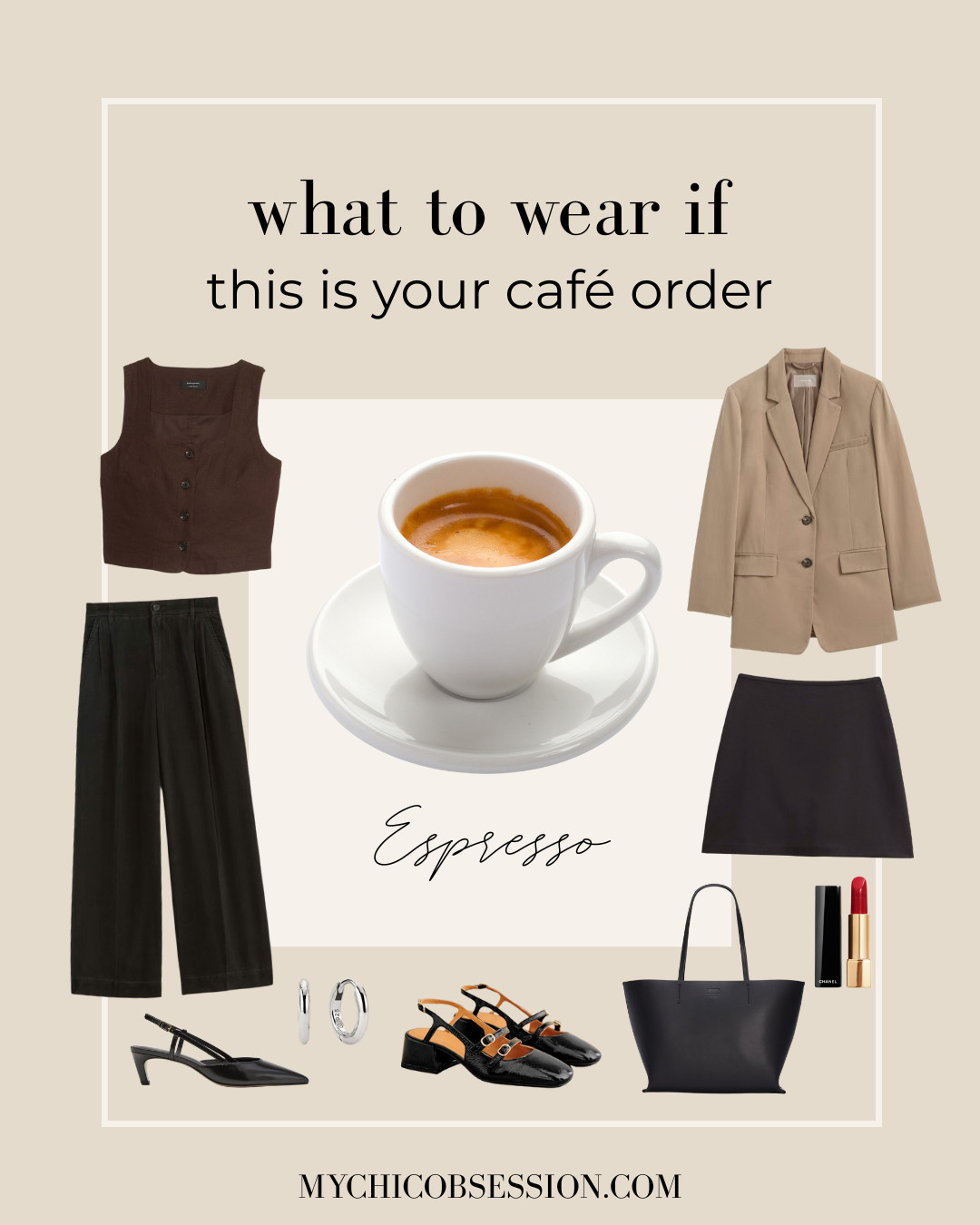 If you love the instant perk-up from an espresso, then you probably wear pieces that are polished, neutral, and sophisticated. If you're in a rush to run from the cafe to the office, try styling chic vest tops, tailored trousers, blazers, slingback heels, and large work totes for your perfect look. 

 #LTKStyleTip #LTKWorkwear #LTKShoeCrush