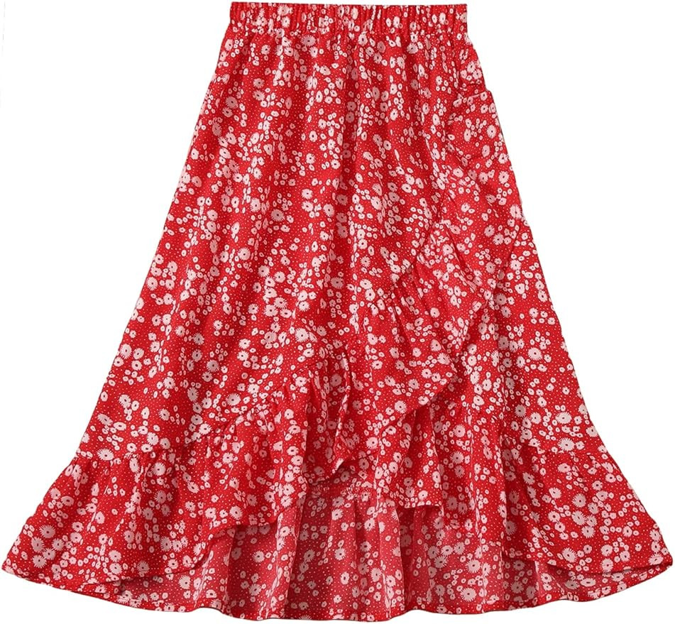Milumia Girls Summer Floral High Waisted Split A Line Midi Skirt | Amazon (US)