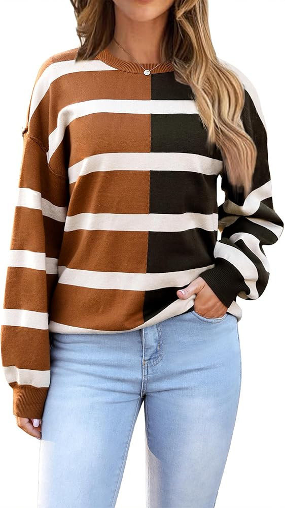 Zeagoo Womens Striped Oversized Sweater 2024 Crew Neck Long Sleeve Knitted Color Block Casual Loo... | Amazon (US)