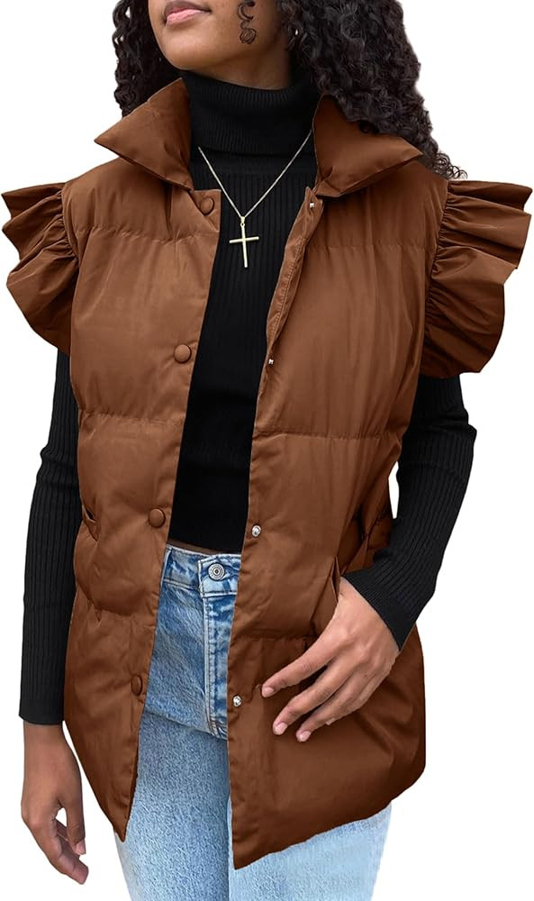Nicfazy Womens Puffer Vest Ruffle Sleeve Button Down Sleeveless Padded Coat with Pocket | Amazon (US)