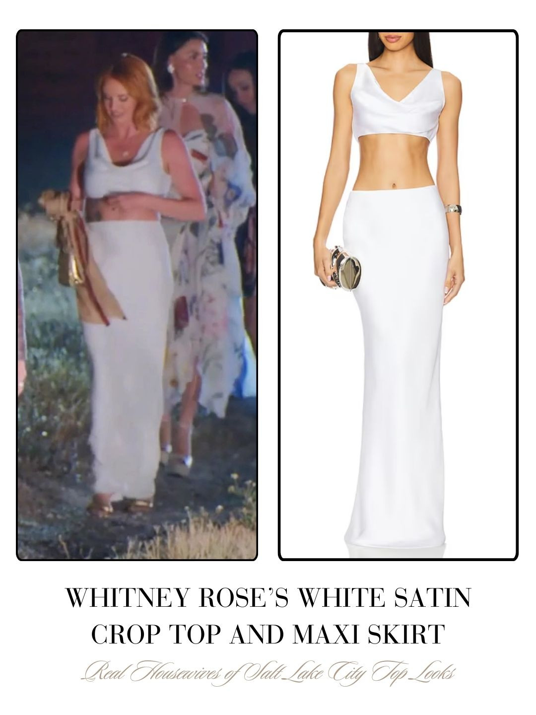 Whitney Rose’s White Satin Cowl Crop Top and Skirt on the Real Housewives of Salt Lake City Season 6 Finale 
