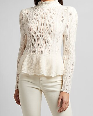 Ruffle Mock Neck Pointelle Peplum Sweater | Express