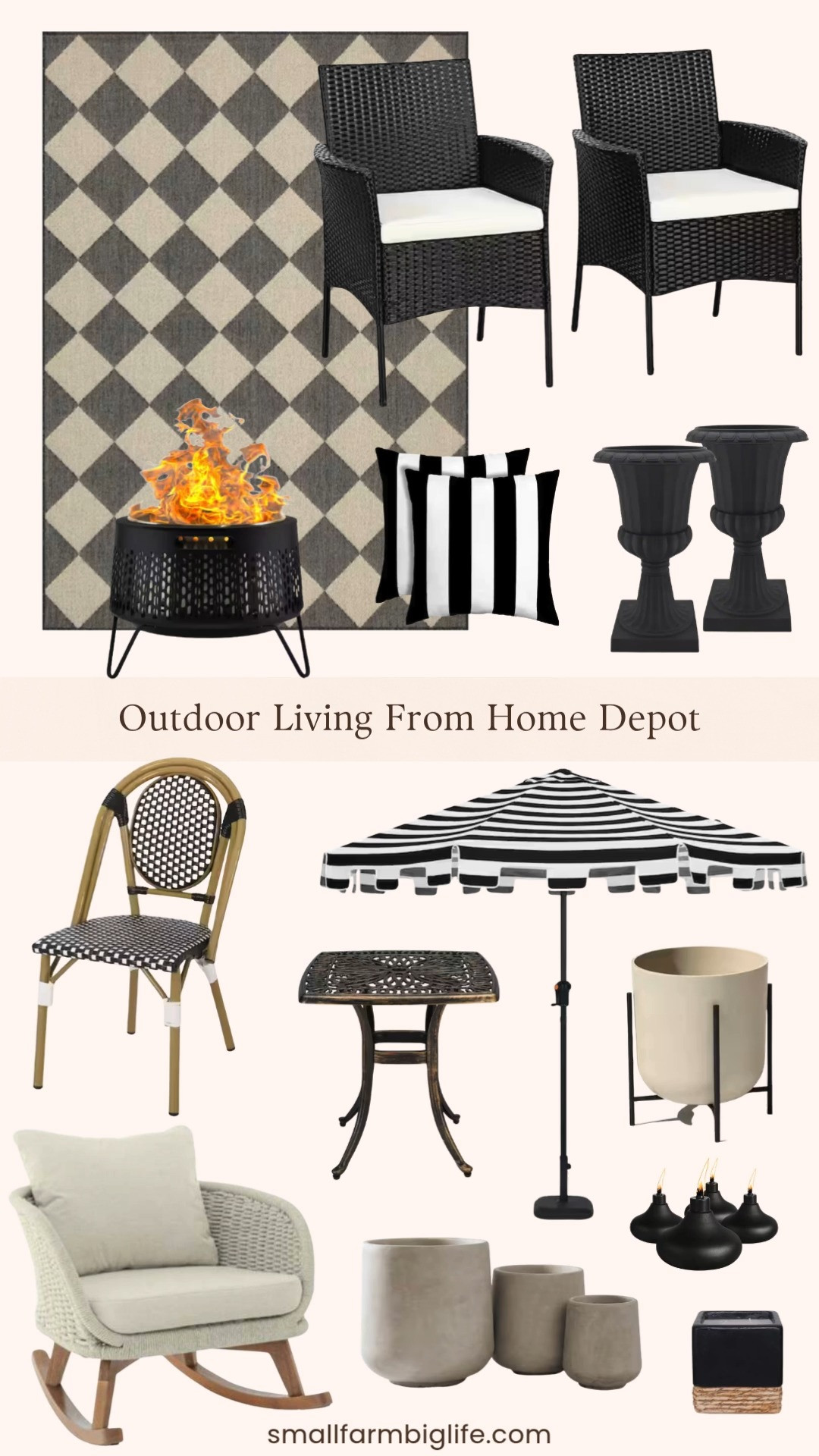 Home Depot has the most beautiful outdoor living finds right now and I rounded up all my favorites for creating the perfect patio and backyard space! From a classic black and white diamond outdoor rug and a crank and tilt patio umbrella to wicker dining chairs, bistro chairs, a natural wicker rocking chair set, a smokeless fire pit, concrete planters, black pedestal urns, citronella candles, tabletop oil torches, and a sleek bronze side table, these are the pieces that make your outdoor space feel like a true outdoor living room. Linking everything below! 

 #LTKSeasonal #LTKHome