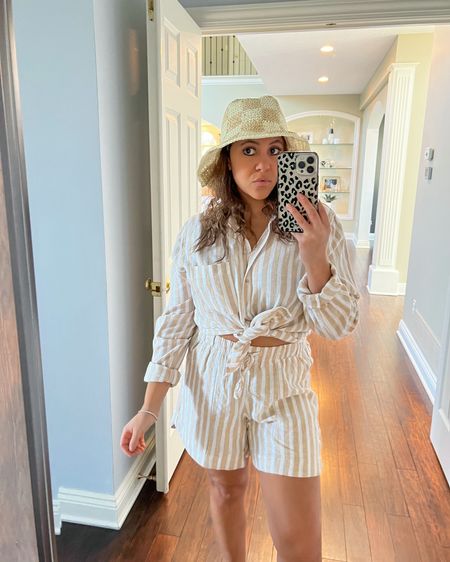Vacation outfit I’m packing for Naples ✈️ Loving this light weight neutral striped set and checkered bucket hat for the entire summer season. I’ve been more into neutral mix and match looks lately, so it’s easy to throw together and look somewhat put together as a mama of two toddlers 😅 

#LTKtravel #LTKMostLoved #LTKSeasonal