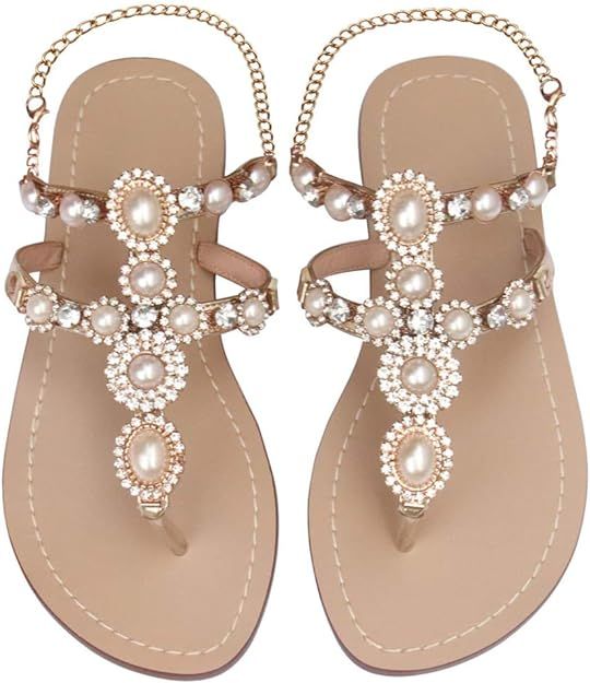 Mayou Women's Rhinestone Flat Sandals | Amazon (US)