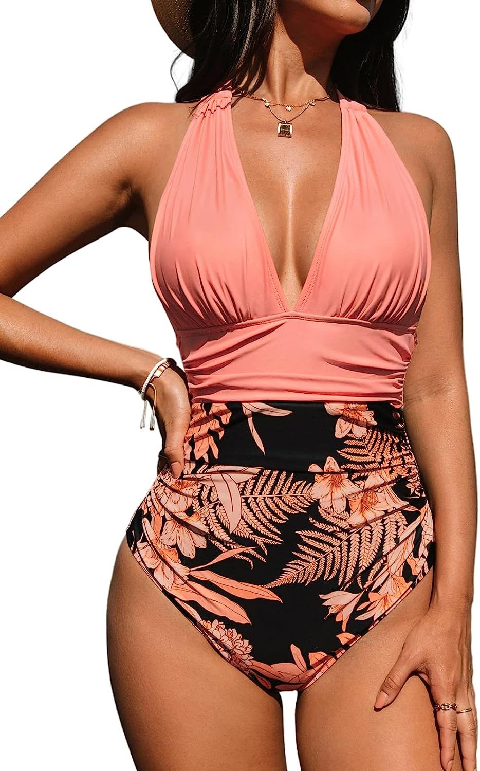 CUPSHE Women V Neck One Piece Swimsuit Halter Backless Ruched Tummy Control Bathing Suit | Amazon (US)