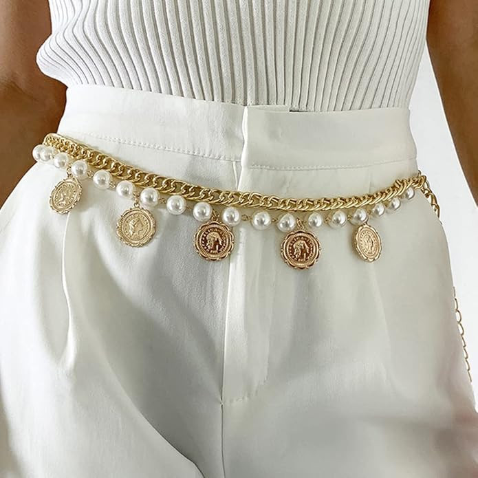 Wiwpar Pearl Waist Chain Belt Coin Pendant Beach Body Chains Fashion Body Belly Belt Waist Chain ... | Amazon (US)