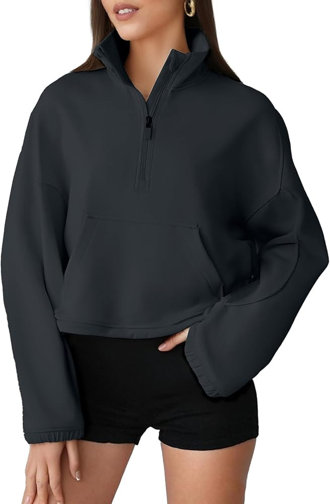 Women Quarter Zip Pullover Sweatshirt Half Zip Cropped Tops Mock Neck Midweight Modal Blend Athle... | Amazon (US)