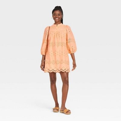 Women&#39;s 3/4 Sleeve Eyelet Short Dress - Universal Thread&#8482; Light Orange XXL | Target