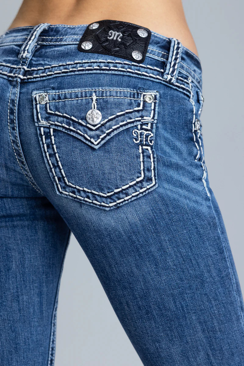 Cleo Stitched Low Rise Bootcut Jeans | Miss Me