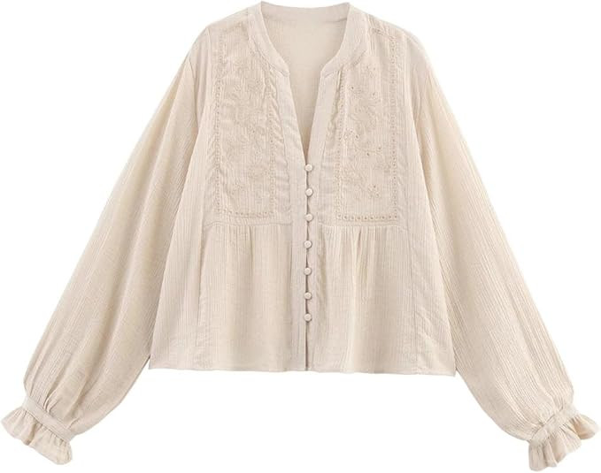 Women's Hollow Out Embroidery Casual Long-Sleeved Short Shirt Classic Comfortable Daily Shirt | Amazon (US)